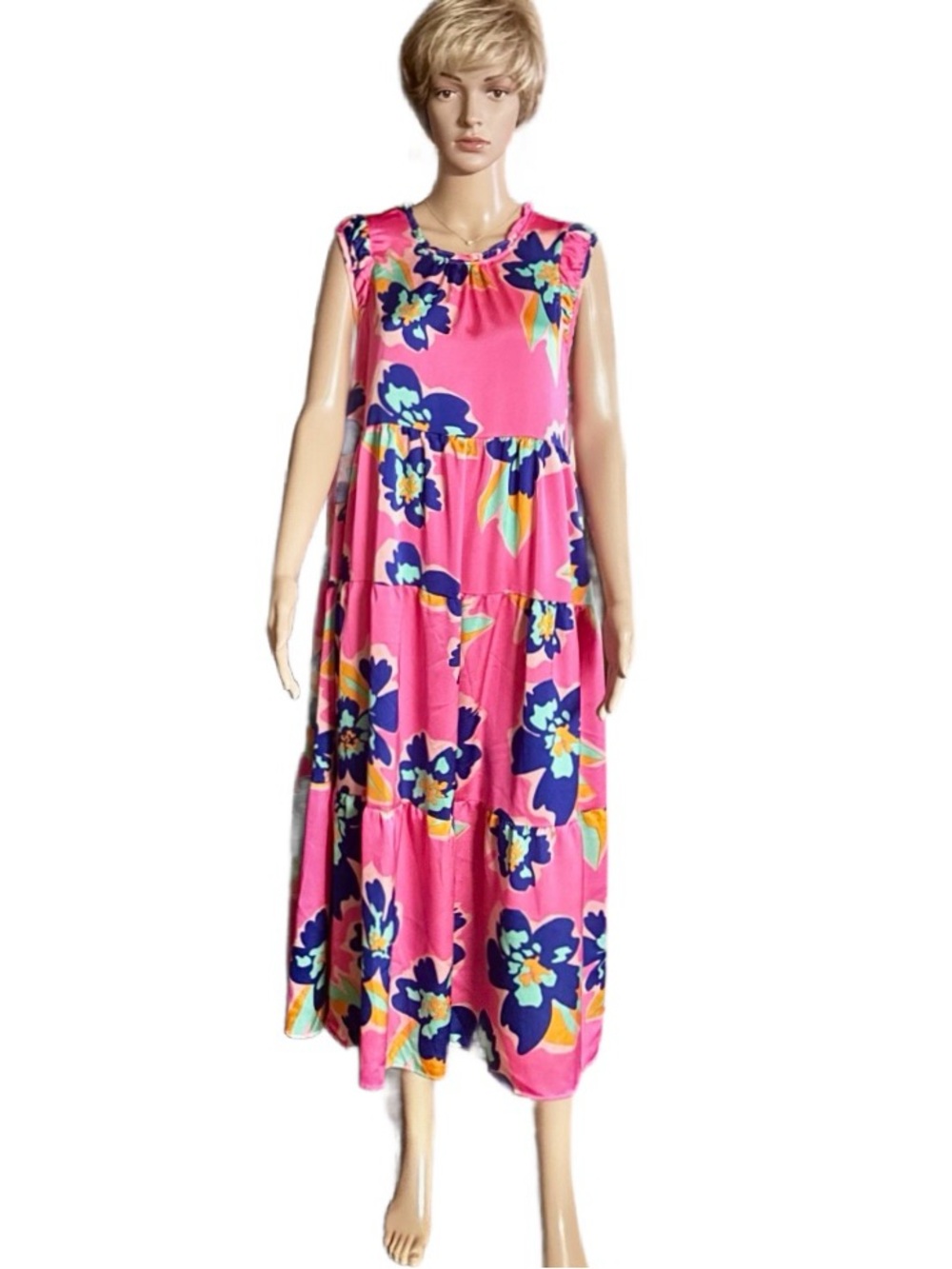 Umgee ~ X-Large ~ Pink W/Neon Multi-Colors Floral ~ Sleeveless Maxi Dress ~ New